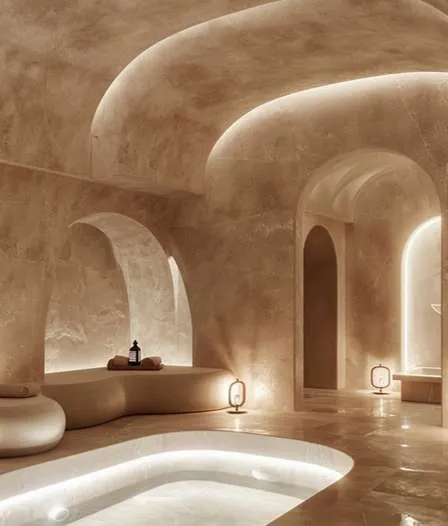 Sculpted plaster arches with warm cove lighting