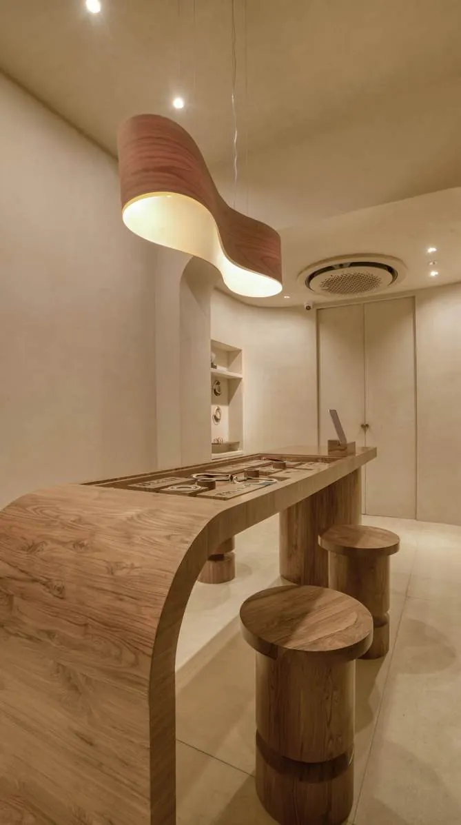 Sculpted timber cash counter with wave pendant at AM PM, Khan Market