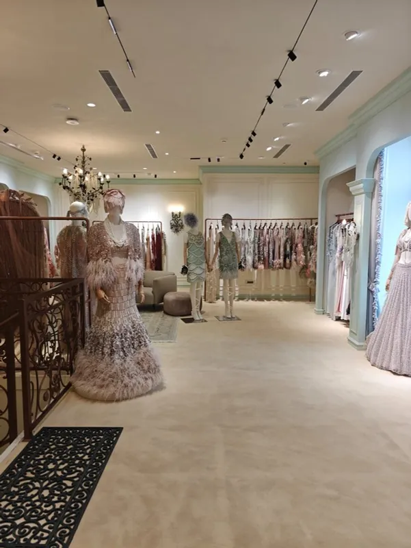 Couture display aisle with crystal chandeliers at the NSS store, Mehrauli