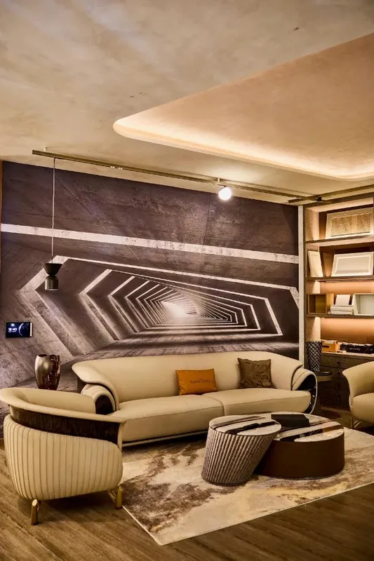 Lounge with dimensional feature wall and wave ceiling at Savano Lustre
