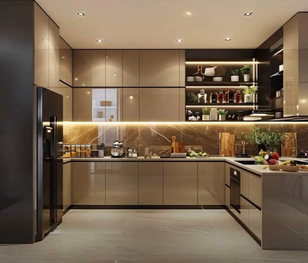 U-shaped modular kitchen with walnut and grey shutters and lit open shelving