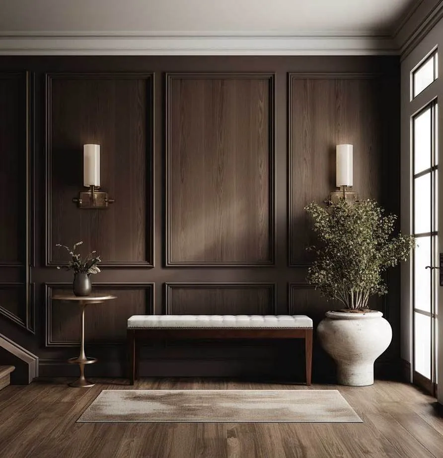 Walnut wall panelling with sconces in an elegant foyer