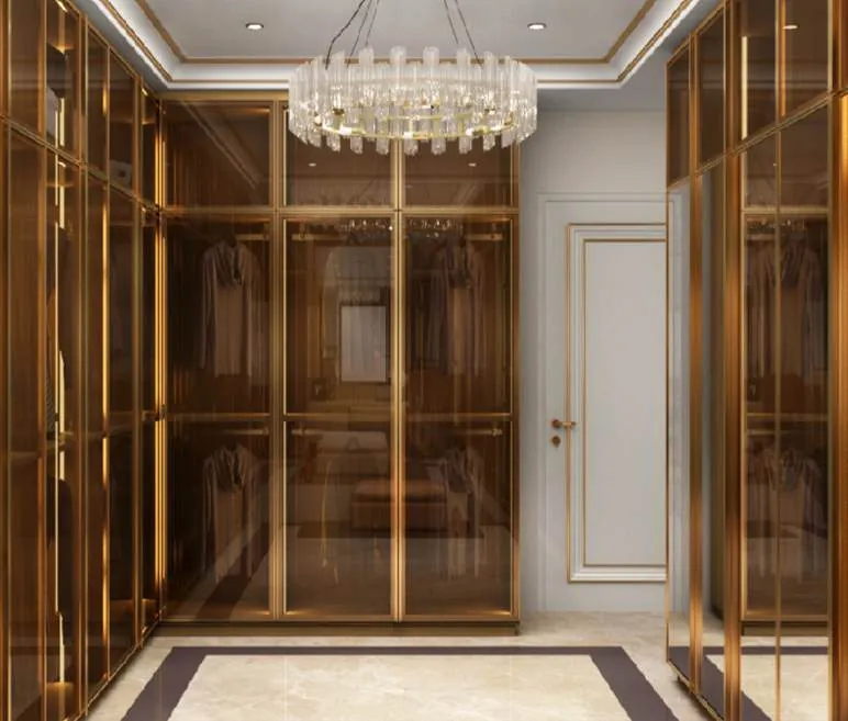 Bronze glass walk-in wardrobe with crystal chandelier