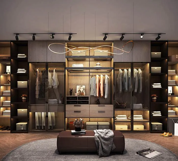 Walk-in closet with glass-front wardrobes, island and pendant light